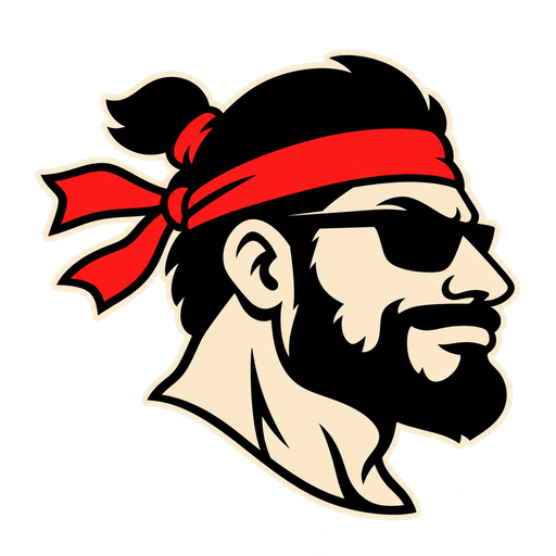 Samurai Macho logo: right-facing bearded man with sunglasses and a red hachimaki