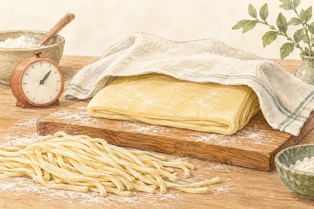 Gentle watercolor illustration: Covered noodle dough and a clock illustrate resting. The drawing does not establish a particular manufacturer’s maturation method.