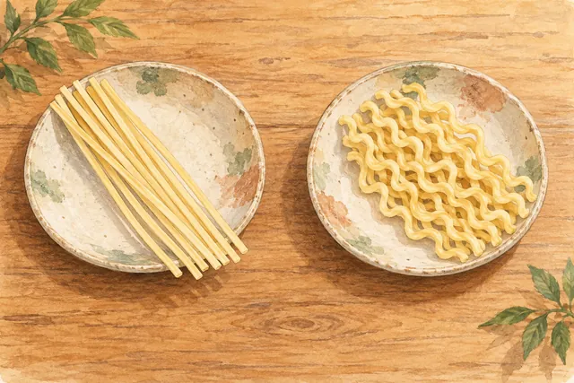 Gentle watercolor illustration: Straight and wavy ramen strands are drawn at similar thickness so the shape difference is visible.