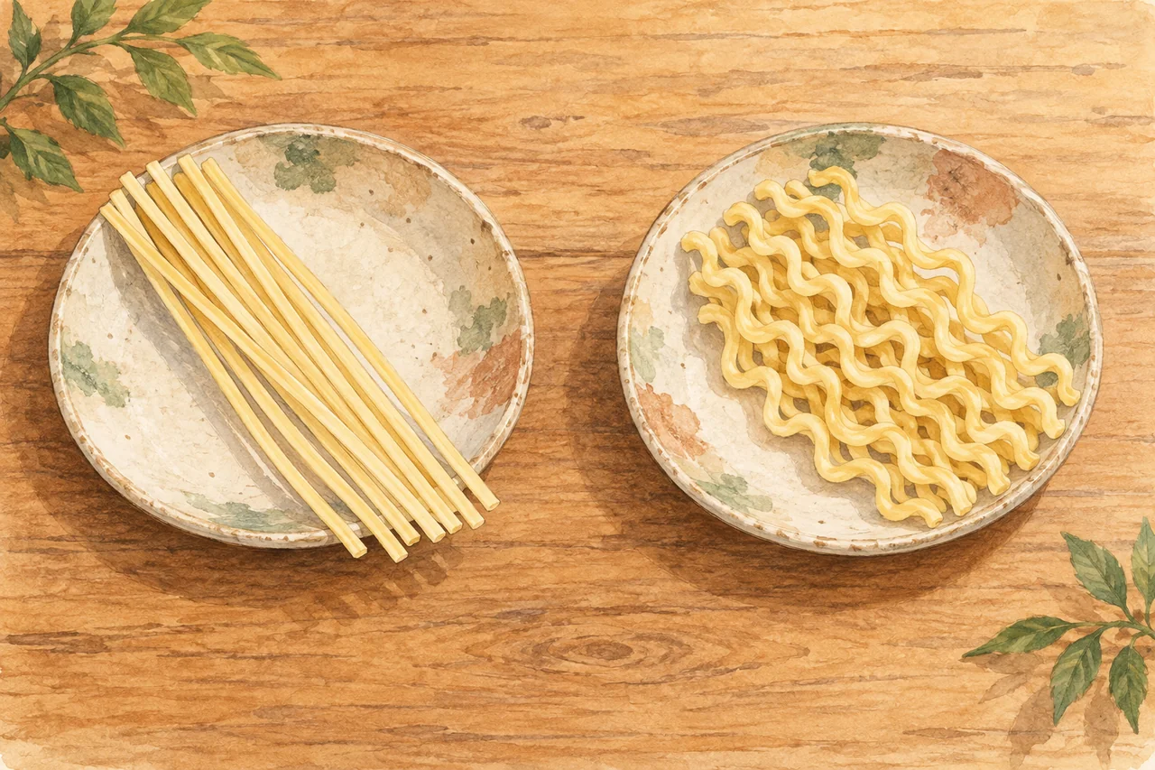 Gentle watercolor illustration: Straight and wavy ramen strands are drawn at similar thickness so the shape difference is visible.