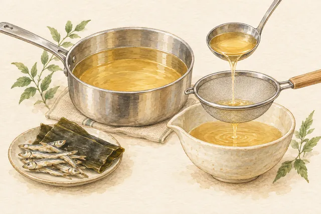 Gentle watercolor illustration: A pot of stock, a ladle and a fine strainer illustrate extracting flavor into liquid. Different ramen stocks use different ingredients; this is a teaching drawing, not a shop’s recipe.