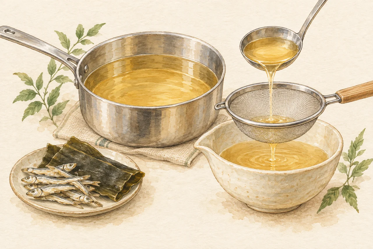 Gentle watercolor illustration: A pot of stock, a ladle and a fine strainer illustrate extracting flavor into liquid. Different ramen stocks use different ingredients; this is a teaching drawing, not a shop’s recipe.
