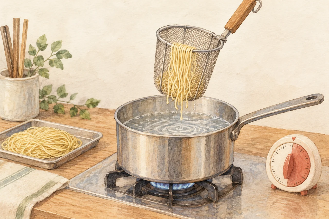 Gentle watercolor illustration: A noodle strainer and timer illustrate cooking time; the drawing does not prescribe a universal cooking duration.