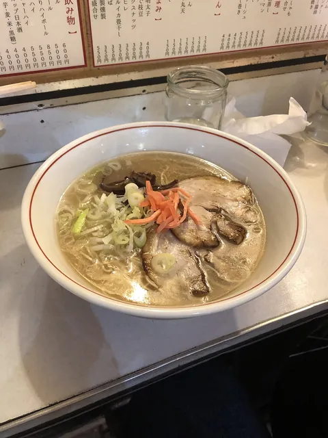 Hakata ramen at Yatai Keiji, Fukuoka. An actual Hakata ramen bowl prepared at Yatai Keiji in Fukuoka, photographed in July 2019.