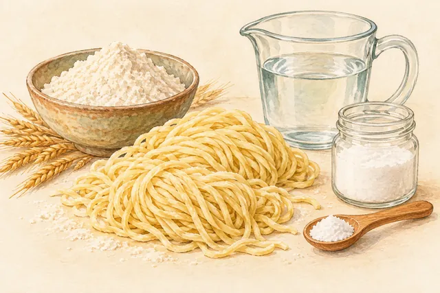 Gentle watercolor illustration: A small measured amount of food-grade alkaline salts, water and noodle ingredients illustrate kansui. This is not a dosage or a recipe.