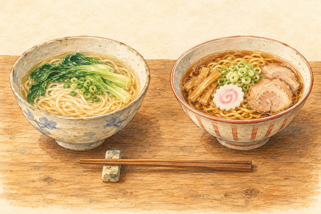 Gentle watercolor illustration: Two noodle bowls illustrate cultural exchange and adaptation. This is a conceptual drawing, not a reconstruction of a specific historical shop or event.