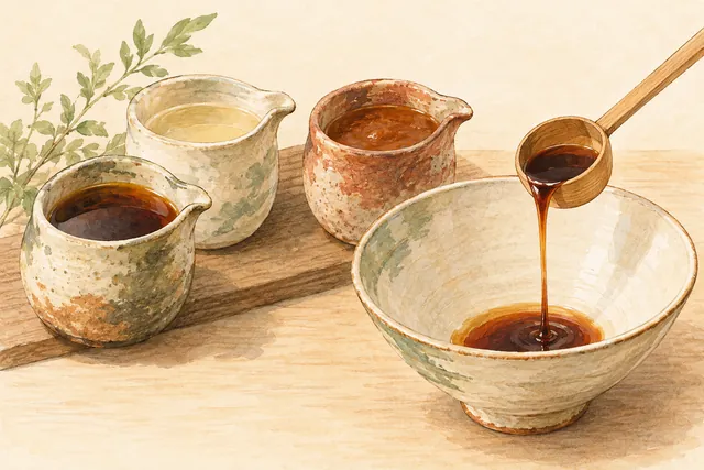 Gentle watercolor illustration: Concentrated ramen seasoning is shown separately from stock, with a measured addition to a bowl.