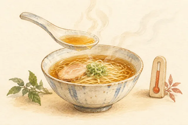 Gentle watercolor illustration: Steam, a spoon and a thermometer illustrate noticing temperature safely; no universal tasting temperature is claimed.