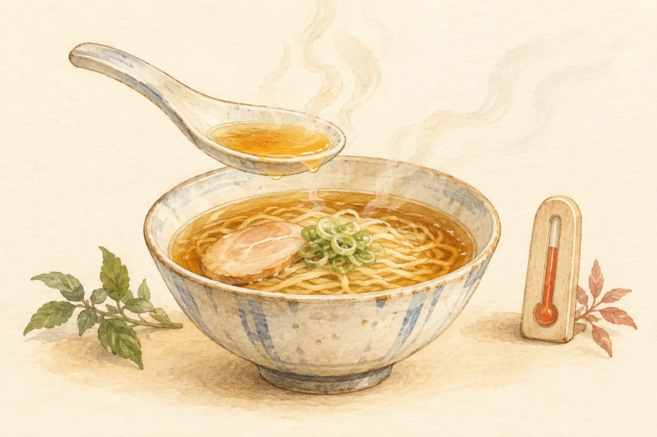 Gentle watercolor illustration: Steam, a spoon and a thermometer illustrate noticing temperature safely; no universal tasting temperature is claimed.