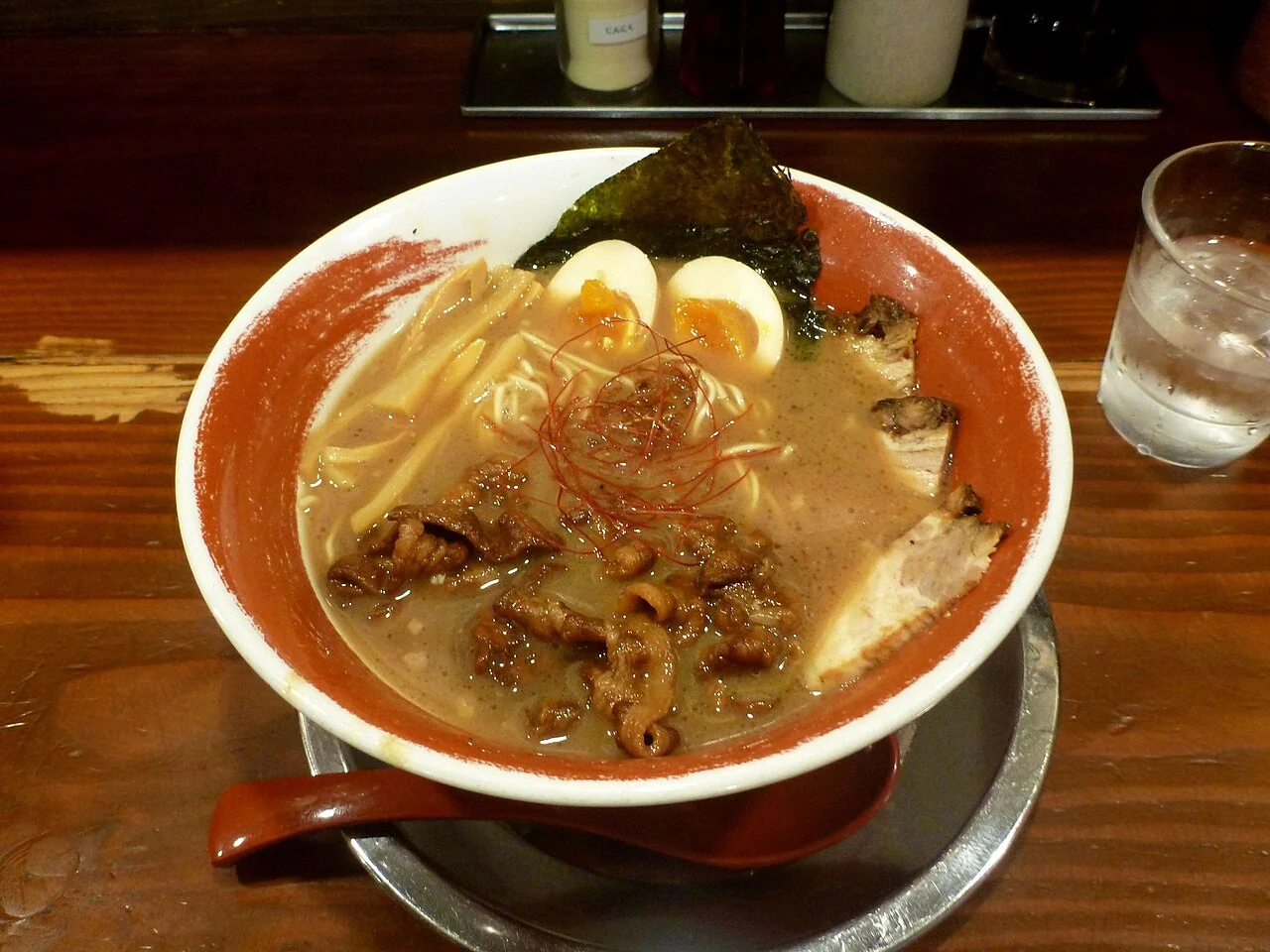 Tokushima ramen at Men-Oh. An actual Tokushima ramen bowl at Men-Oh, photographed in May 2018.