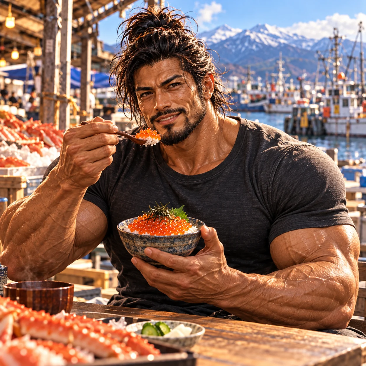 Samurai Macho, in a charcoal T-shirt with his eyes and face uncovered, enjoying ikura don at a Hokkaido harbor. AI illustration.