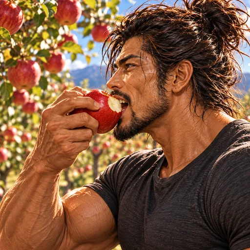 Samurai Macho in a charcoal T-shirt, without sunglasses or a headband, enjoying Aomori apples in Aomori. AI illustration.