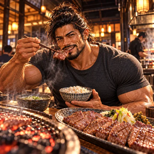 Samurai Macho in a charcoal T-shirt, without sunglasses or a headband, enjoying Sendai gyutan in Miyagi. AI illustration.