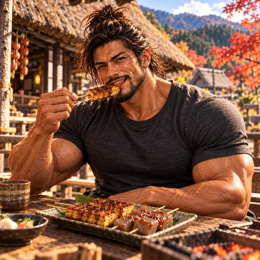 Samurai Macho in a charcoal T-shirt, without sunglasses or a headband, enjoying Aizu miso dengaku in Fukushima. AI illustration.