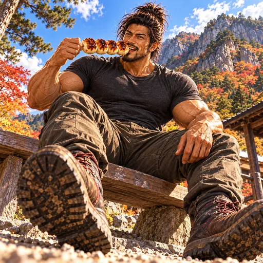 Samurai Macho in a charcoal T-shirt, without sunglasses or a headband, enjoying Yakimanju in Gunma. AI illustration.