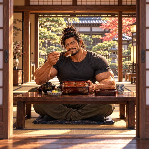 Samurai Macho in a charcoal T-shirt, without sunglasses or a headband, enjoying Unaju in Saitama. AI illustration.