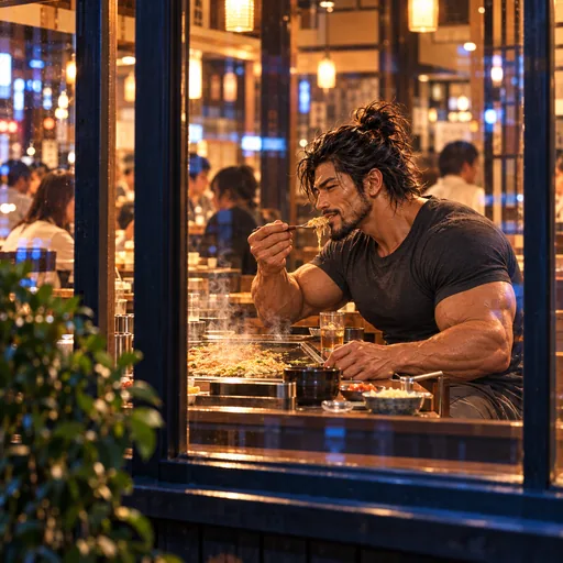 Samurai Macho in a charcoal T-shirt, without sunglasses or a headband, enjoying Monjayaki in Tokyo. AI illustration.