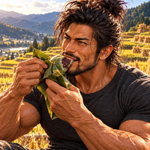 Samurai Macho in a charcoal T-shirt, without sunglasses or a headband, enjoying Sasa dango in Niigata. AI illustration.