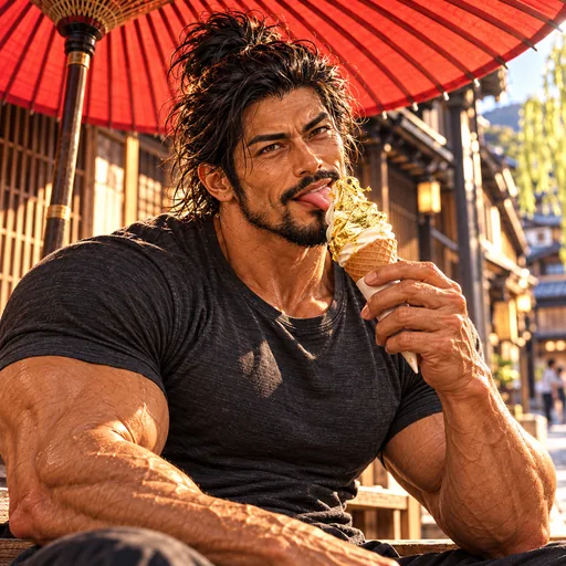 Samurai Macho in a charcoal T-shirt, without sunglasses or a headband, enjoying Gold-leaf soft serve in Ishikawa. AI illustration.