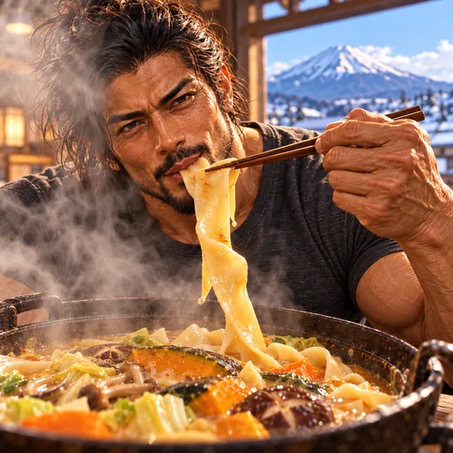 Samurai Macho in a charcoal T-shirt, without sunglasses or a headband, enjoying Hoto in Yamanashi. AI illustration.
