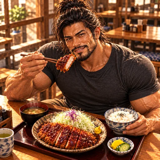 Samurai Macho in a charcoal T-shirt, without sunglasses or a headband, enjoying Miso katsu in Aichi. AI illustration.