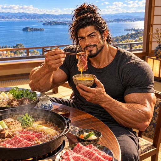 Samurai Macho in a charcoal T-shirt, without sunglasses or a headband, enjoying Omi beef sukiyaki in Shiga. AI illustration.