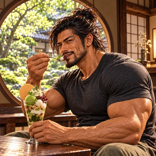 Samurai Macho in a charcoal T-shirt, without sunglasses or a headband, enjoying Matcha parfait in Kyoto. AI illustration.