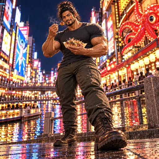Samurai Macho in a T-shirt enjoying takoyaki in Osaka; AI illustration