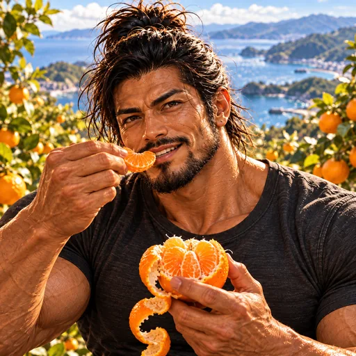 Samurai Macho in a charcoal T-shirt, without sunglasses or a headband, enjoying Wakayama mikan in Wakayama. AI illustration.