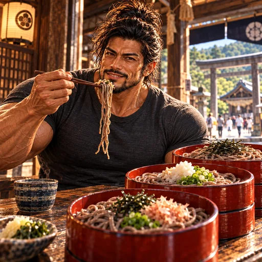 Samurai Macho in a charcoal T-shirt, without sunglasses or a headband, enjoying Izumo soba in Shimane. AI illustration.