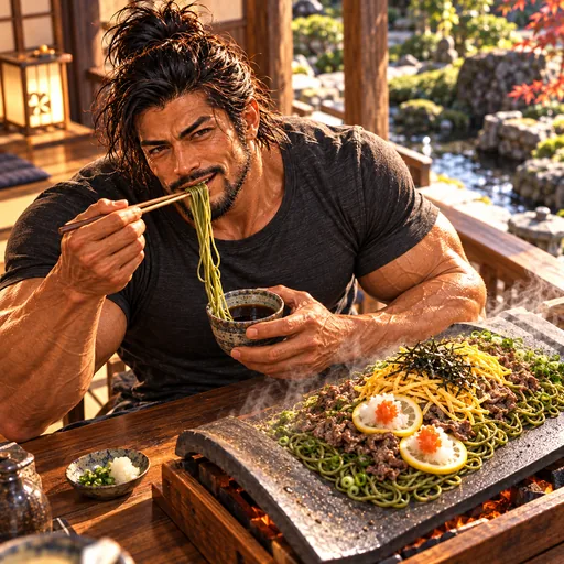 Samurai Macho in a charcoal T-shirt, without sunglasses or a headband, enjoying Kawara soba in Yamaguchi. AI illustration.