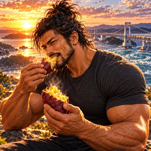 Samurai Macho in a charcoal T-shirt, without sunglasses or a headband, enjoying Roasted Naruto Kintoki in Tokushima. AI illustration.