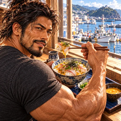 Samurai Macho in a charcoal T-shirt, without sunglasses or a headband, enjoying Uwajima taimeshi in Ehime. AI illustration.