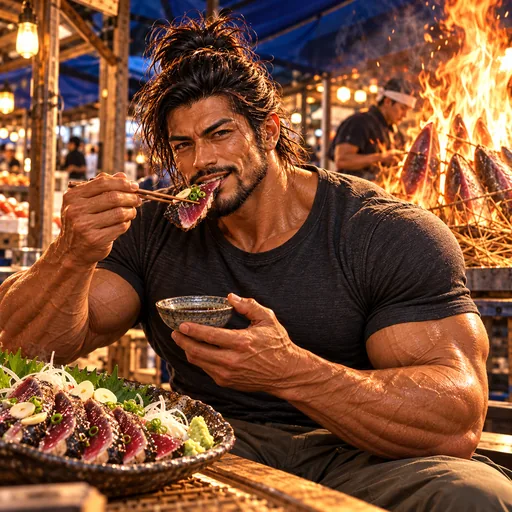 Samurai Macho in a charcoal T-shirt, without sunglasses or a headband, enjoying Katsuo no tataki in Kochi. AI illustration.