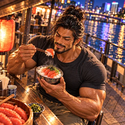 Samurai Macho in a charcoal T-shirt, without sunglasses or a headband, enjoying Mentaiko rice in Fukuoka. AI illustration.