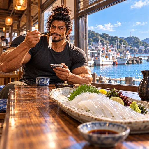 Samurai Macho in a charcoal T-shirt, without sunglasses or a headband, enjoying Yobuko squid sashimi in Saga. AI illustration.