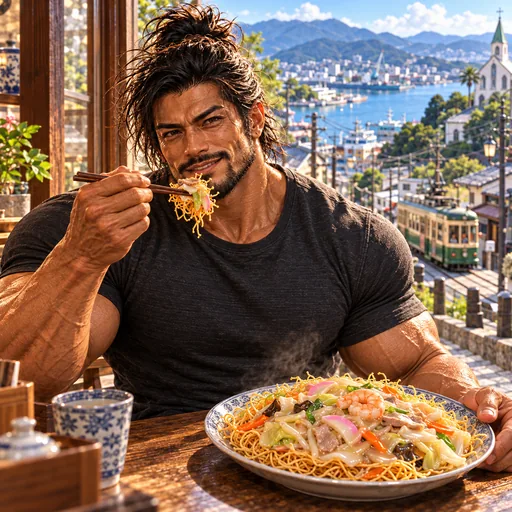 Samurai Macho in a charcoal T-shirt, without sunglasses or a headband, enjoying Sara udon in Nagasaki. AI illustration.