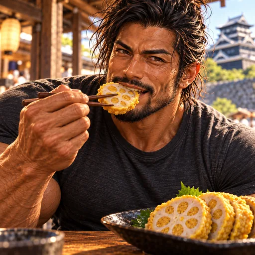 Samurai Macho in a charcoal T-shirt, without sunglasses or a headband, enjoying Karashi renkon in Kumamoto. AI illustration.