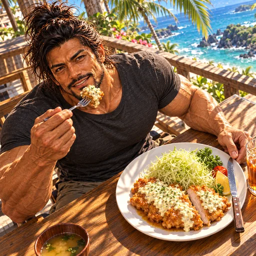 Samurai Macho in a charcoal T-shirt, without sunglasses or a headband, enjoying Chicken nanban in Miyazaki. AI illustration.