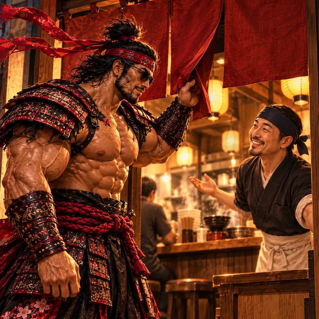 SamuraiMacho greets the staff while entering a ramen shop.