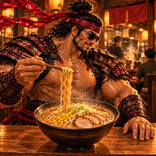 SamuraiMacho orders miso ramen, with a small dish of miso nearby.