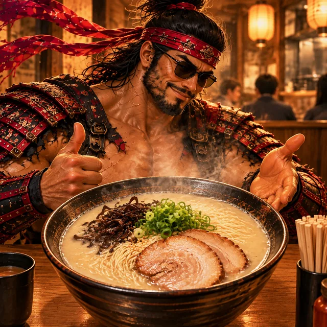 SamuraiMacho orders a bowl of tonkotsu ramen.