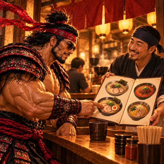 SamuraiMacho points to a ramen photo on the menu.