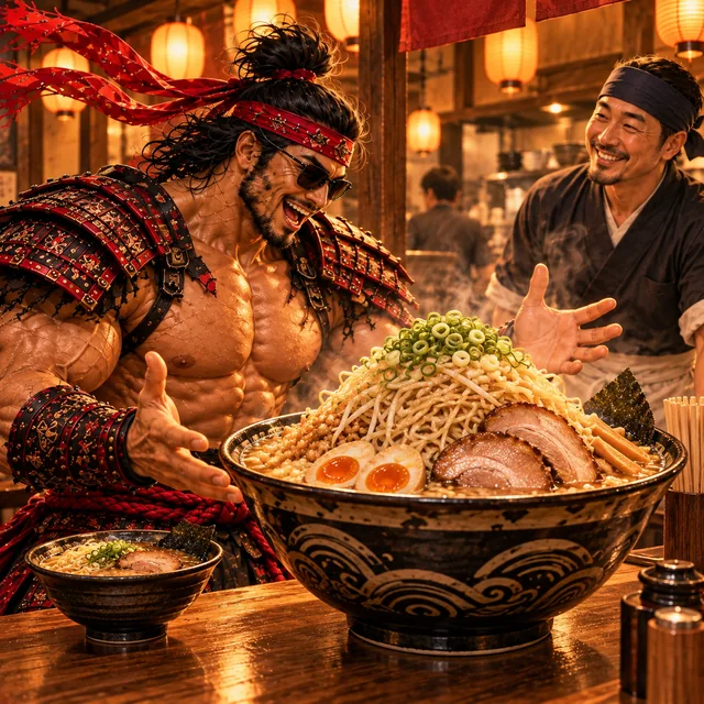 SamuraiMacho orders a large noodle portion.
