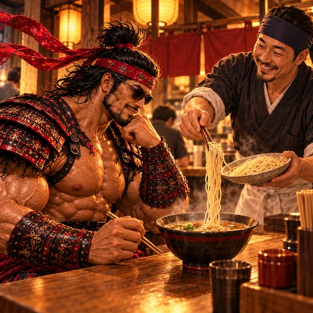 SamuraiMacho receives extra noodles beside a bowl with broth remaining.
