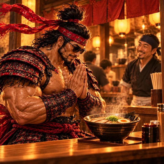 SamuraiMacho says itadakimasu before eating.