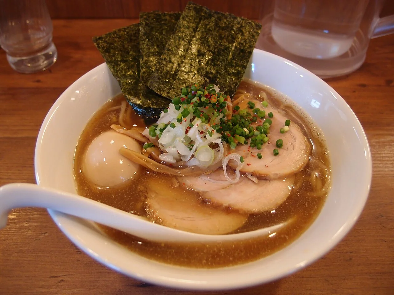 Niboshi ramen at Taizen in Komagome, with sliced pork, egg, scallions and seaweed.
