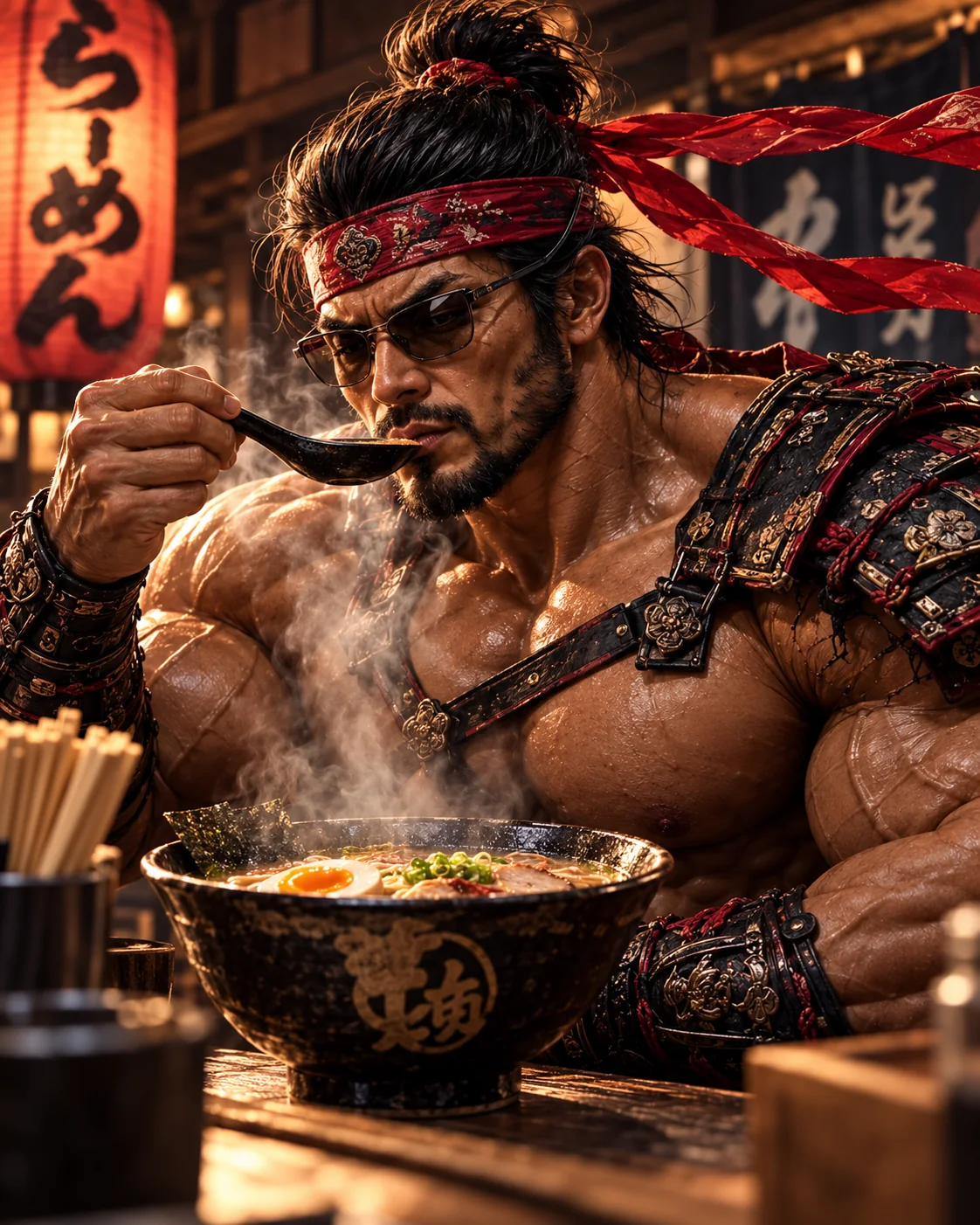 Illustration of Samurai Macho savoring best bowl
