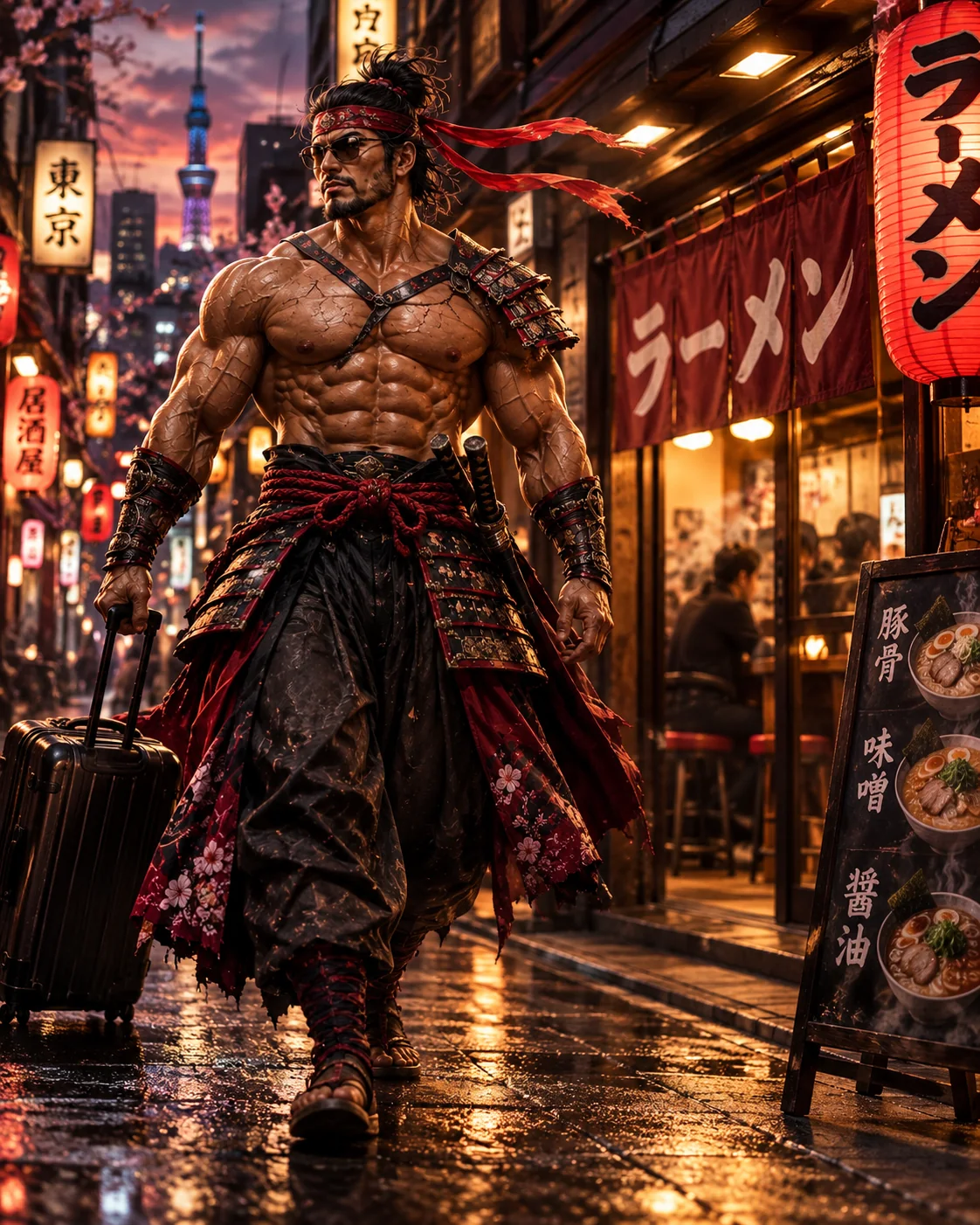 Samurai Macho explores a ramen district; AI illustration