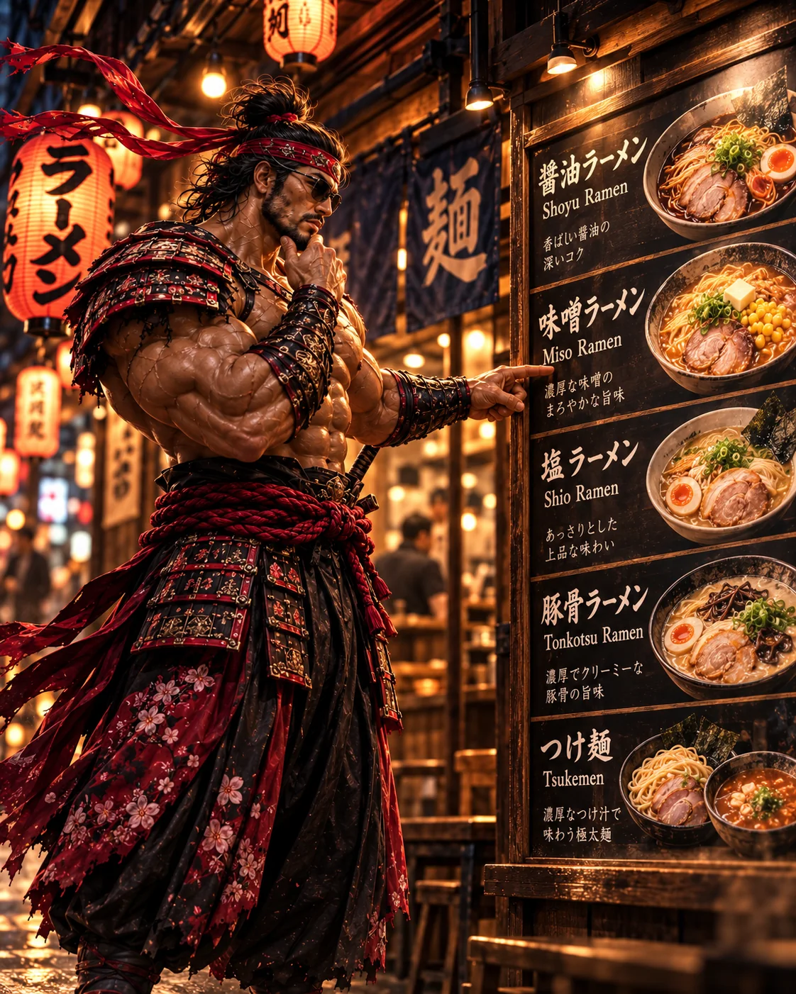 Illustration of Samurai Macho choosing menu